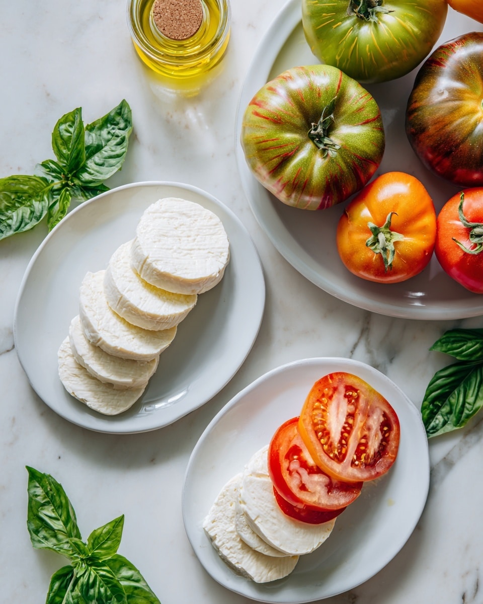 The image shows a white plate with two types of sliced soft white cheese arranged in overlapping layers; one stack has larger slices with a smooth texture, and the other has smaller rounded slices. Above the plate, there is a small clear jar of yellow oil with a wooden lid nearby. To the right, a white plate holds several whole tomatoes in different colors: red, green with darker stripes, and reddish-orange. Fresh bright green basil leaves with a slightly wrinkled texture are scattered on a white marbled surface around the plates. Photo taken with an iphone --ar 4:5 --v 7
