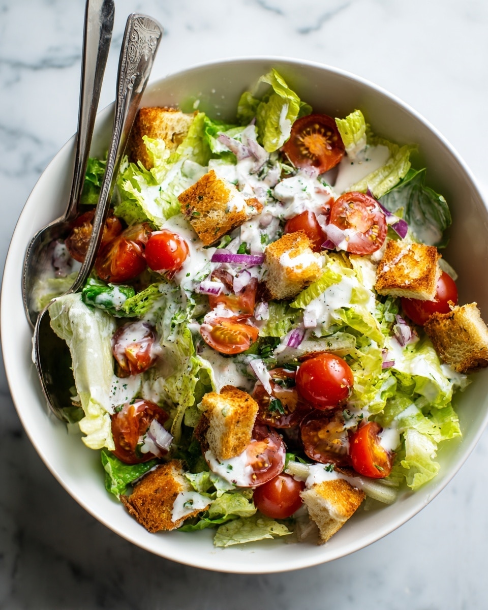 A white bowl filled with fresh green lettuce leaves as the bottom layer, topped with bright red halved cherry tomatoes spread evenly. Small golden brown croutons are scattered on top of the tomatoes and lettuce. A creamy light dressing with small green herb pieces is drizzled over the salad, with finely chopped small bits of purple onion sprinkled on top. Two silver fork prongs are visible resting inside the bowl. The bowl is placed on a white marbled surface. Photo taken with an iphone --ar 4:5 --v 7