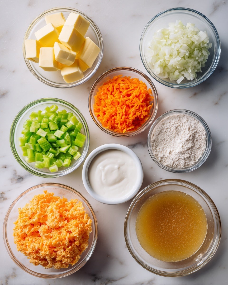 The image shows eight small clear glass bowls arranged on a white marbled surface. Each bowl contains a cooking ingredient: bright yellow butter cubes, light green chopped celery, finely shredded bright orange carrots, small white chopped onions, light beige flour, coarse salt in a small white bowl, smooth white cream, and a large bowl filled with golden brown broth. The bowls are neatly spaced and the ingredients have different colors and textures that stand out against the white marbled background. photo taken with an iphone --ar 4:5 --v 7