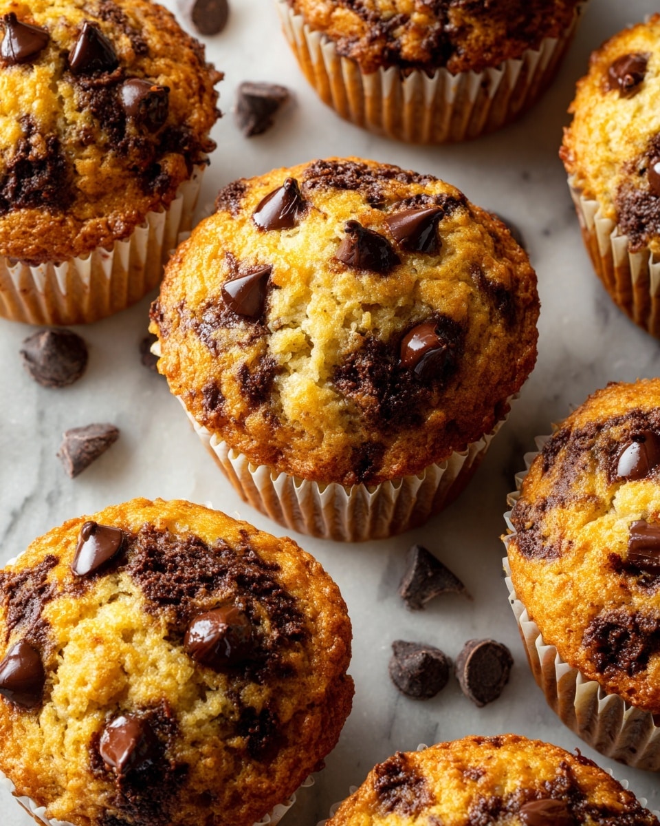 The image shows several golden-yellow muffins with a slightly rough texture, each topped with multiple large, dark brown chocolate pieces that are slightly melted. The muffins are placed closely together on a dark surface with some scattered chocolate pieces around them. Each muffin is in a white paper liner with ridged edges, and the tops are rounded and uneven. The background is a white marbled texture. photo taken with an iphone --ar 4:5 --v 7