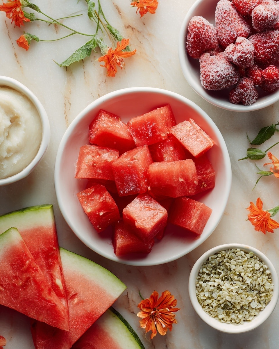 The image shows a white bowl filled with red watermelon pieces cut into small cubes, placed near the bottom right. Around the bowl, there are several triangular slices of watermelon with green rinds and bright red flesh, some with bite marks. Above the bowl, a smaller white bowl holds red frozen strawberries with frost visible on their surface. To the right of the strawberries, there is a very small white bowl filled with light green hemp seeds. At the top left, a white bowl contains a creamy white substance with a smooth texture. The setup is laid out on a white marbled surface with orange flowers and green leaves scattered around for decoration. Photo taken with an iphone --ar 4:5 --v 7