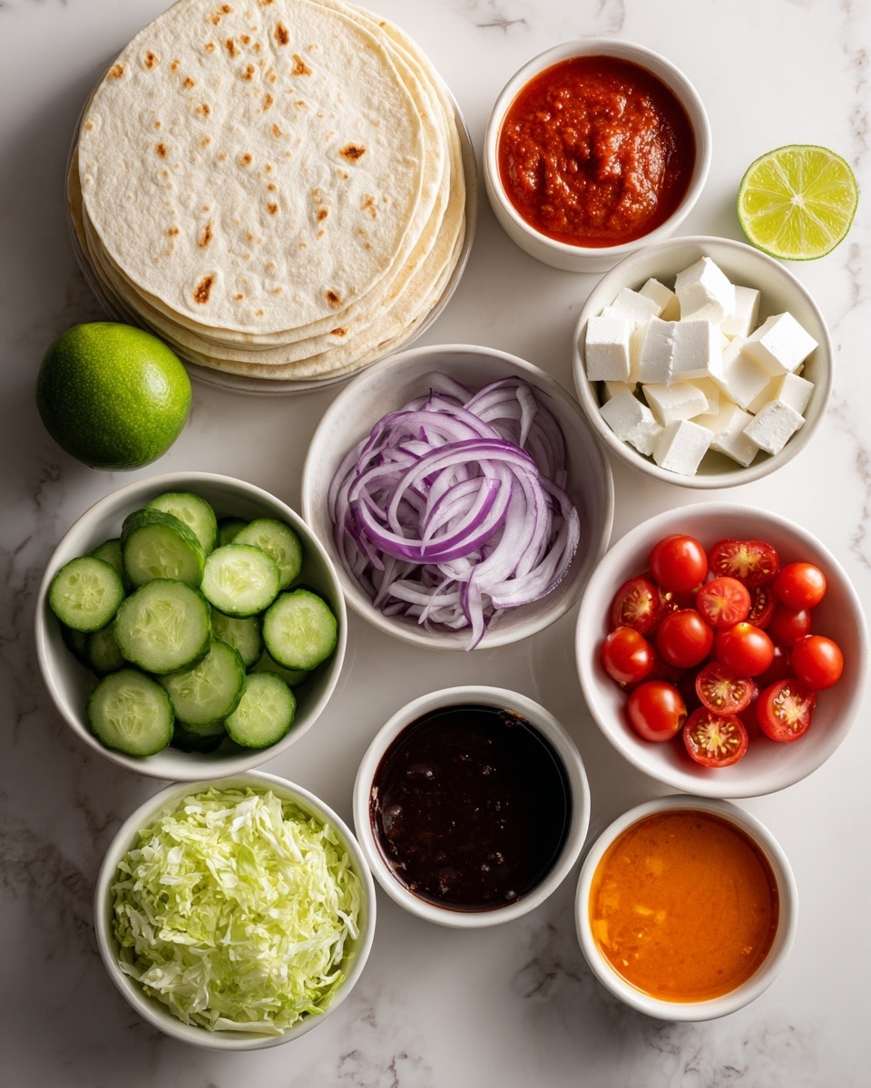 The image shows several white bowls and a stack of round tortillas, all placed on a white marbled surface. There are nine small white bowls arranged neatly. Starting from the top left, there is a small bowl of white cheese cubes, followed by a bowl of red sauce. Below, there is a whole lime and a bowl filled with sliced purple onions. In the middle, a bowl is filled with bright green sliced cucumbers. Below the cucumber bowl is a white bowl with shredded light green lettuce. To the right of the lettuce bowl, there is a bowl with a bright orange sauce, next to it a lime cut in half, and near the lime is a bowl filled with cherry tomatoes. Finally, a small bowl of dark brown sauce is near the onion bowl. The stack of tortillas is on the top left. photo taken with an iphone --ar 4:5 --v 7