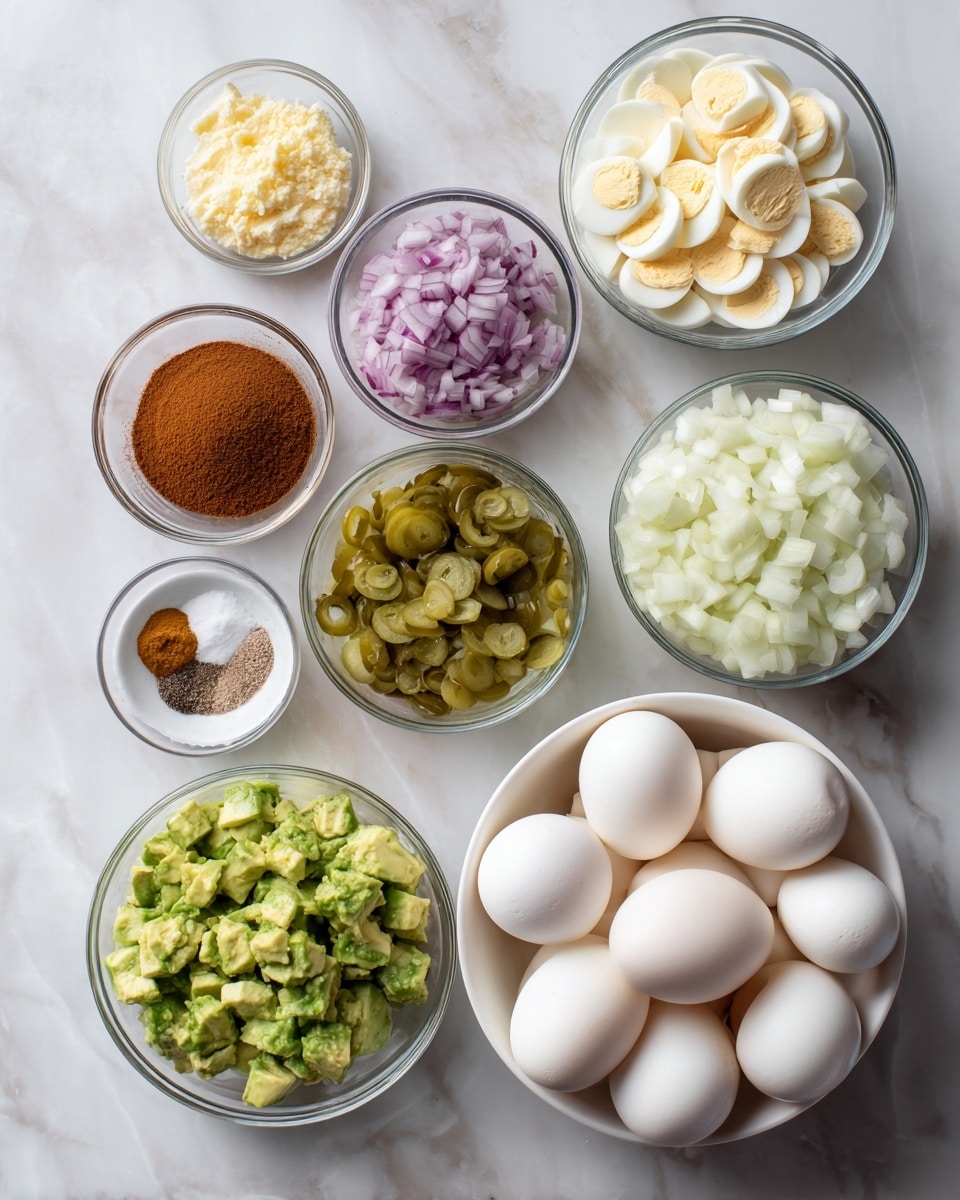 The image shows a collection of small bowls arranged neatly on a white marbled surface. There is a large white bowl filled with whole peeled eggs on the right side. Next to it, a small clear glass bowl holds finely chopped pickles. To the left, there is a white bowl full of diced avocado. Smaller bowls contain ingredients like finely chopped red onions, mayonnaise, yellow mustard, brown mustard powder, and salt, all neatly placed in line above and below the larger bowls. A woman's hand is slightly visible holding the edge of one bowl. Photo taken with an iphone --ar 4:5 --v 7