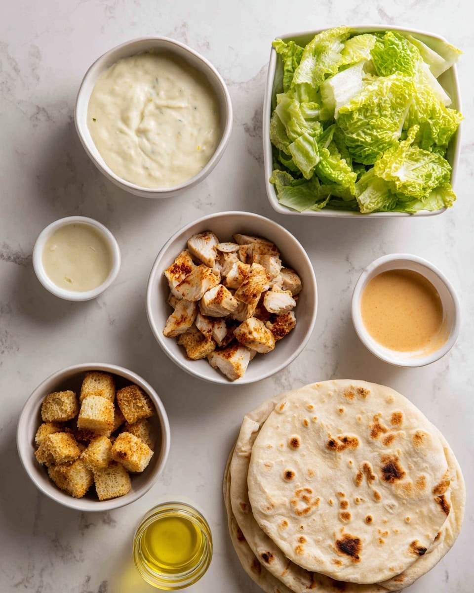 The image shows a flat lay of six white dishes arranged on a white marbled surface. In the top left, there is a small round white bowl with a creamy white sauce. To its right, a square white bowl holds green lettuce leaves. Below the sauce, another small round white bowl contains light brown grilled chicken pieces. Below the chicken is a small round white bowl with small, round golden-brown croutons. To the right of the croutons is a small round white bowl with an apricot-colored sauce. To the right of the chicken and croutons, near the bottom right, there are three round flatbread wraps stacked, light tan in color with browned spots. Near the center, between the lettuce bowl and croutons bowl, is a small white container with light yellow olive oil. The items are evenly spaced, creating a clean and simple presentation. photo taken with an iphone --ar 4:5 --v 7