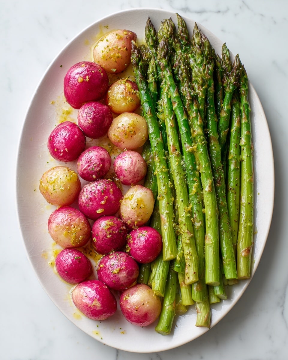 A white plate on a white marbled surface holds two main layers of vegetables. The top half is filled with bright green grilled asparagus stalks standing upright, showing light char marks and a slight sheen. The bottom half is filled with small round pink radishes with a smooth texture, some showing pale yellow inside. To the sides of the plate, small bowls contain light yellow sauce. A woman's hand is gently holding the edge of the plate. The scene is bright and colorful with a natural feel, photo taken with an iphone --ar 4:5 --v 7
