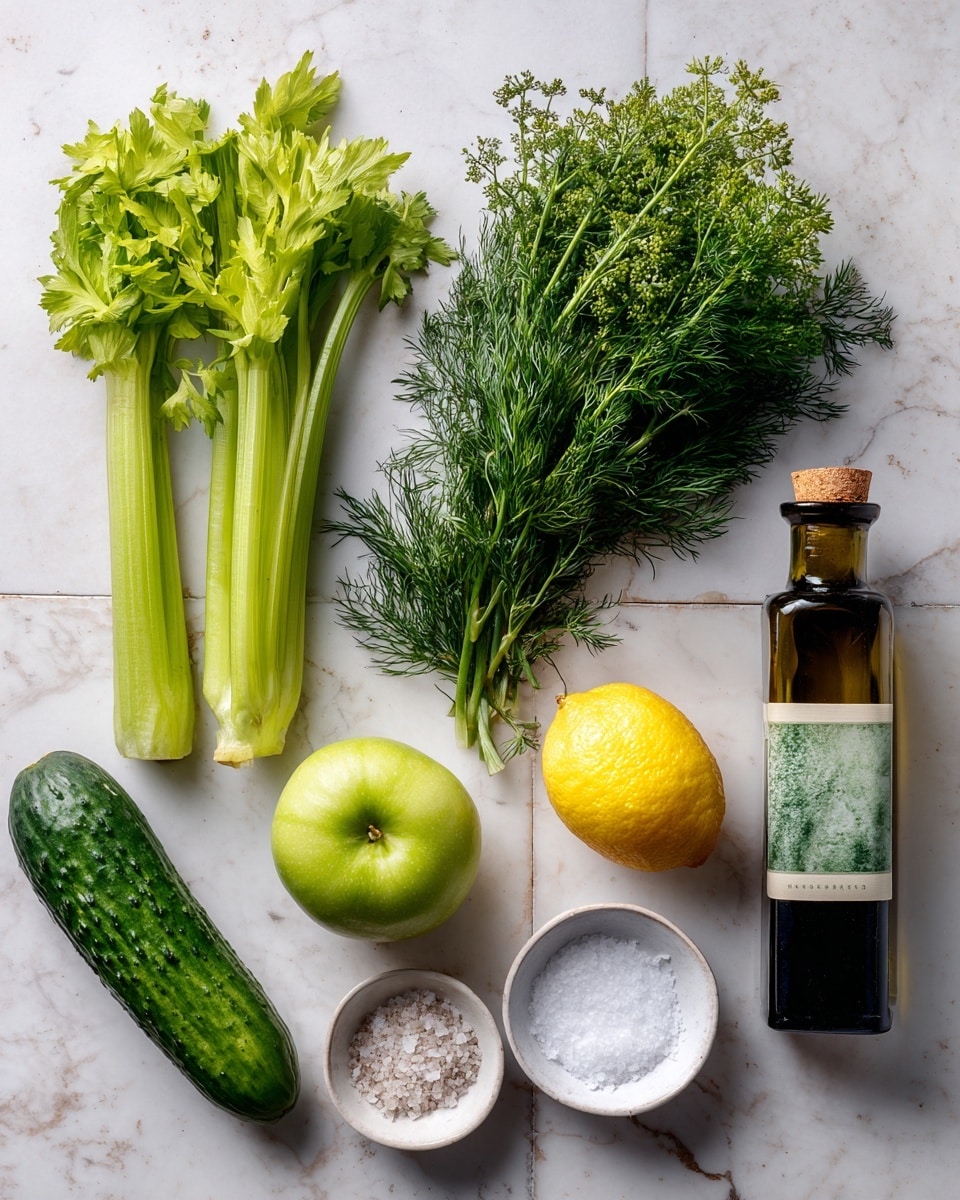 The image shows a white marbled surface with fresh ingredients arranged neatly on it. There are three celery stalks with green leaves on the left, a whole cucumber cut in half exposing its green, moist inside, a bunch of fresh dill with detailed feathery leaves, and a green apple that has a shiny smooth surface. To the right, there's a single yellow lemon and a dark bottle of olive oil with a green and beige label, standing upright. Two small white bowls contain coarse salt and a white powdery substance, likely sugar or baking soda. The background is a clean, white tiled wall. The overall look is fresh and bright with natural lighting, photo taken with an iphone --ar 4:5 --v 7