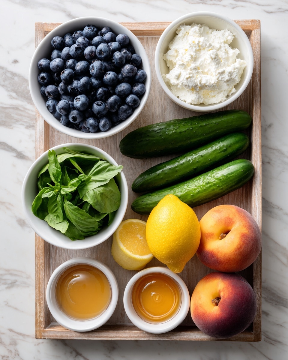 A white bowl filled with fresh blueberries is placed at the top left on a wooden tray. Below it, there is a small white bowl of green leafy basil on the left and a white bowl with white cottage cheese next to it on the right. At the bottom, two small white bowls hold a light brown mustard on the left and thick golden honey on the right. On the right side of the tray, two green cucumbers are positioned at the top, with two ripe peaches below them and a bright yellow lemon placed next to the peaches. The whole arrangement sits on a white marbled surface. photo taken with an iphone --ar 4:5 --v 7