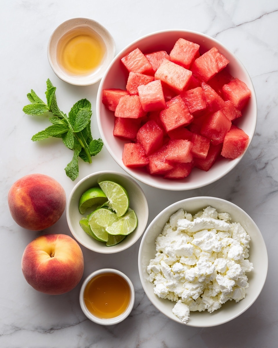 The image shows five white bowls arranged on a white marbled surface. The largest bowl, placed at the top, is filled with red watermelon cubes. To its right, there is a smaller bowl filled with white cottage cheese. Below the cottage cheese and watermelon, a small bowl contains green lime wedges. At the bottom left corner, another small bowl has golden honey. Two ripe peaches are placed outside the bowls on the surface, one near the cottage cheese and the other near the lime wedges. A green mint sprig sits to the left of the watermelon bowl. The whole scene is bright and fresh, photo taken with an iphone --ar 4:5 --v 7