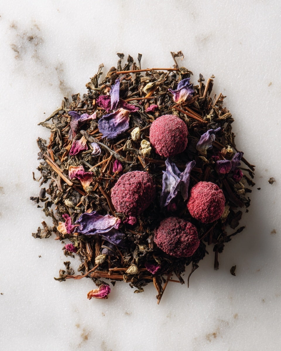 A close-up image of loose tea leaves arranged in a round shape on a white marbled surface. The tea consists of many small, thin, brown twig-like pieces forming the main layer. Scattered on top are several dark pink to red dried fruit pieces, round and textured, mixed with light to dark purple dried flower petals that are thin and slightly curled. The colors contrast nicely, with the dark pink and purple pieces standing out against the brown tea leaves. photo taken with an iphone --ar 4:5 --v 7