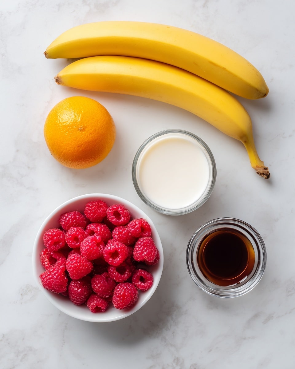 The image shows two yellow bananas and one bright orange placed side by side on a white marbled surface. Next to the fruits, there is a clear glass filled with white milk, a small white bowl filled with fresh red raspberries, and a small glass container holding dark brown syrup. The items are spread neatly in a row, creating a clean and simple composition. Photo taken with an iphone --ar 4:5 --v 7
