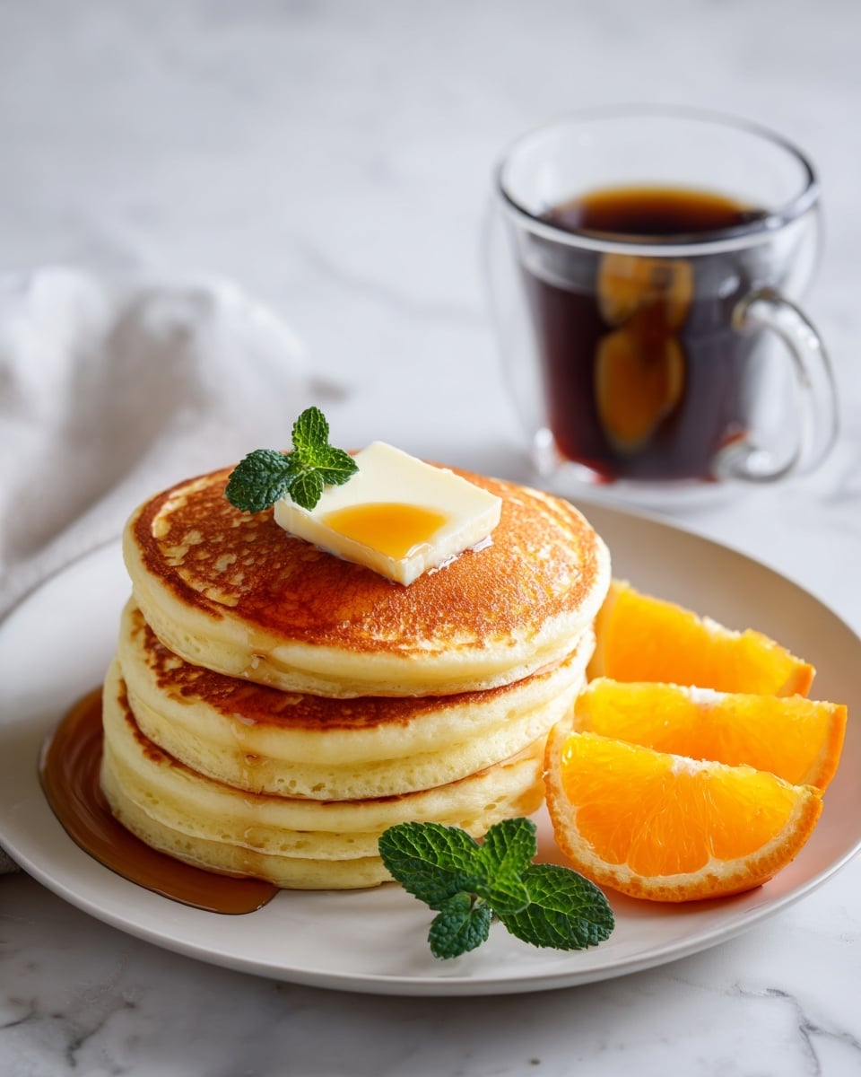 The image shows a stack of three golden brown pancakes on a round white plate, with a melting square of butter on top. Next to the pancakes, on the right side of the plate, there are two orange slices with a small green mint leaf on top. A clear glass cup filled with dark maple syrup is placed behind the orange slices. The scene is set on a white marbled surface. photo taken with an iphone --ar 4:5 --v 7