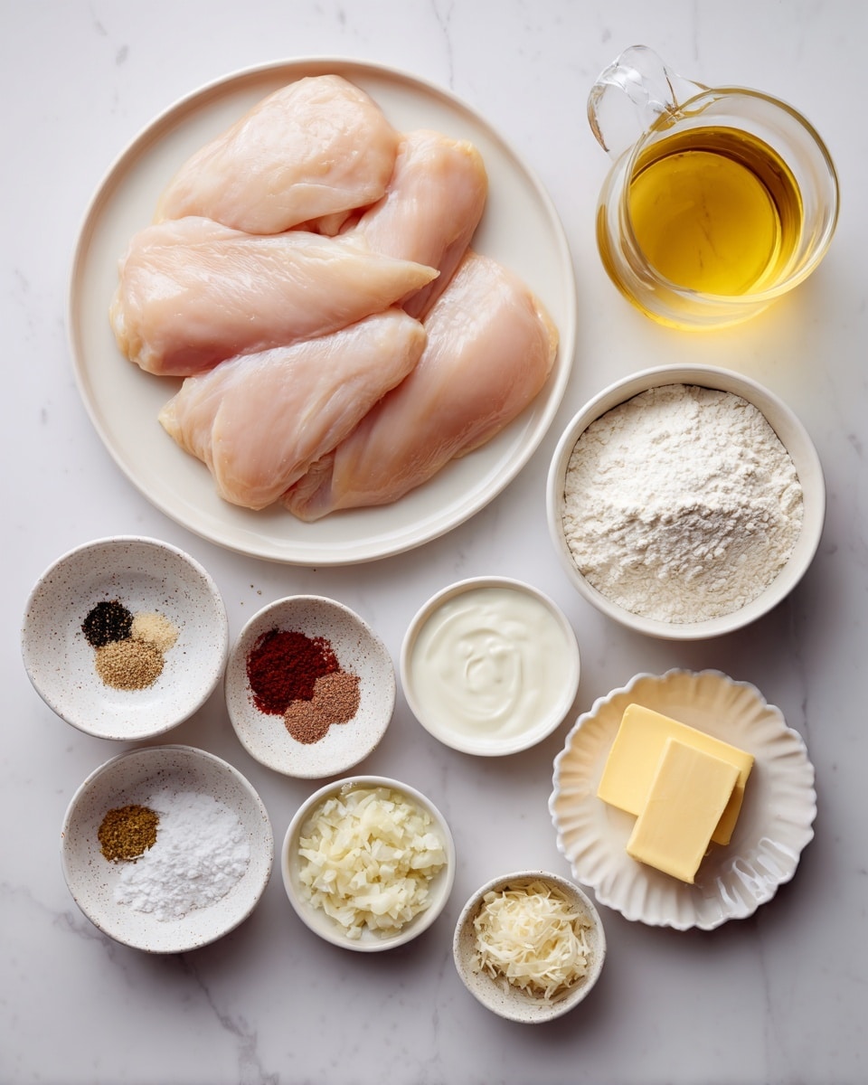 Four raw chicken fillets lie flat on a round white plate at the top center. To the right is a small clear glass jug filled with light golden-yellow broth. Below the chicken plate, nine small bowls in a loose grid hold various ingredients: starting from the top left, a speckled white bowl contains white flour, next to it another speckled bowl shows four piles of spices - white, black, red, and light brown. To the right is a white bowl filled with thick white cream. Below that, a small white scalloped bowl has a pale yellow liquid. Below flour is a tiny plain white bowl with white powder, next to it a small white bowl holds two square pieces of pale yellow butter. To the right, a speckled bowl has a light beige powder, and next to that, a small bowl shows chopped light yellow garlic. Everything rests on a smooth white marbled surface. Photo taken with an iphone --ar 4:5 --v 7