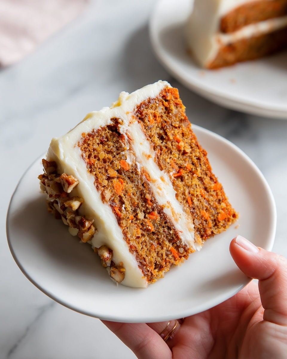 A close-up image of a two-layer carrot cake slice on a white plate, placed on a white marbled surface. The cake layers are light brown with small dark specks showing the texture of grated carrot and nuts. Between the two cake layers is a thick spread of smooth white cream cheese frosting, which also covers the entire outside of the slice evenly. The frosting looks soft and creamy with a clean finish. The background is blurred white, focusing attention on the cake slice. photo taken with an iphone --ar 4:5 --v 7