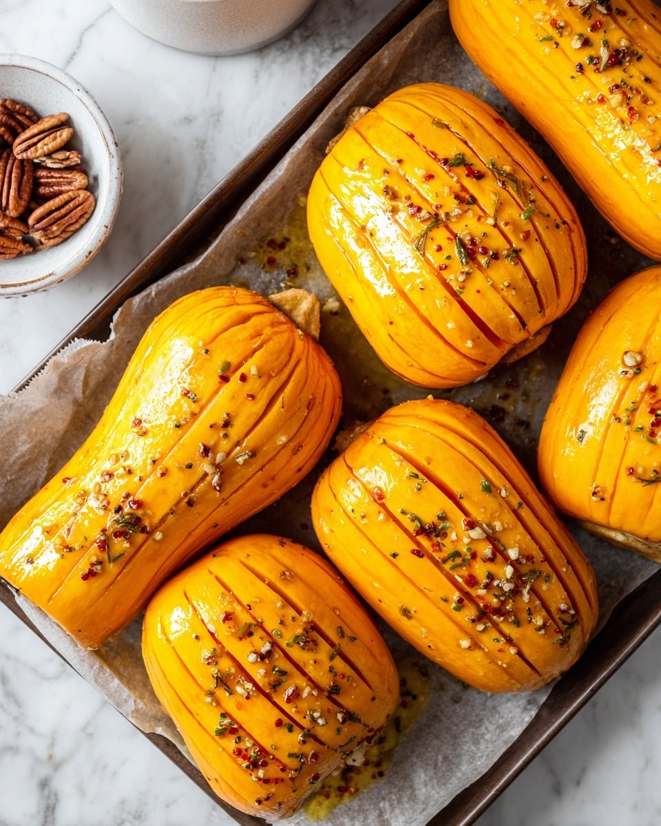 The image shows several whole butternut squashes, each sliced into many thin layers but still held together in the shape of the squash, placed on a baking tray lined with parchment paper. The squashes are a bright orange-yellow color, covered with a drizzle of oil, and sprinkled with visible bits of chopped garlic, herbs, and red spices, giving them a shiny and textured look. The background surface is a white marbled texture, and a small white bowl with pecans is visible in the corner. Photo taken with an iphone --ar 4:5 --v 7