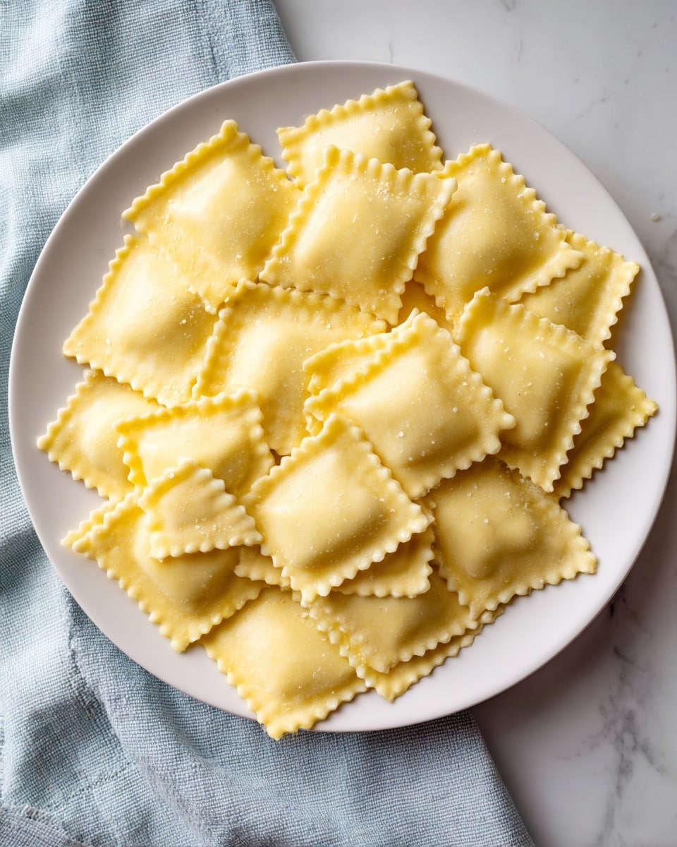 A white plate filled with uncooked square ravioli pasta with crimped edges, each piece a pale yellow color with a smooth texture. The ravioli are spread evenly across the plate in a slight layered pile. The plate sits on a white marbled surface, and next to it is a soft cloth towel that fades from white to blue. Photo taken with an iphone --ar 4:5 --v 7