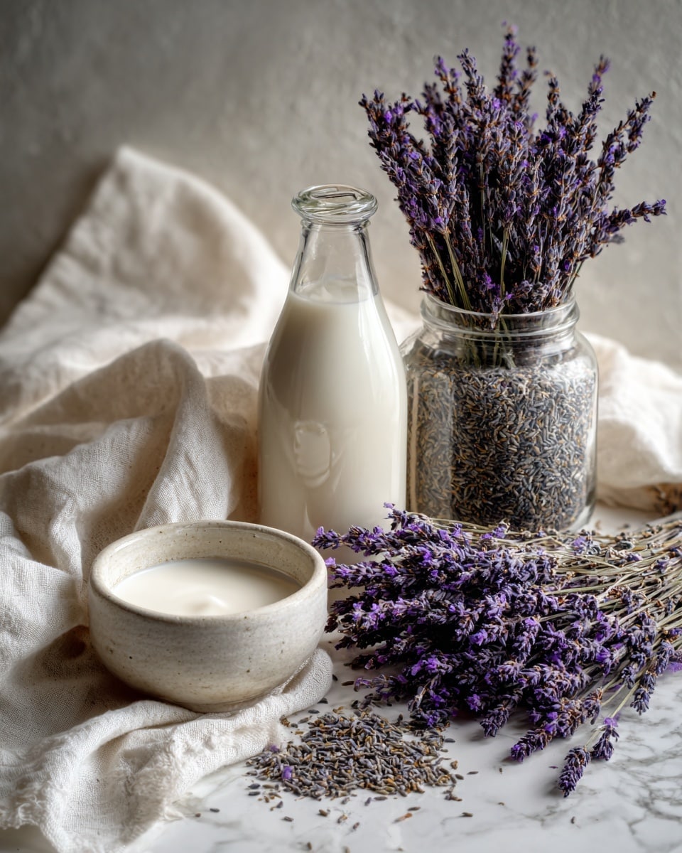 The image shows a white marbled surface with a soft white cloth on the left side. On the cloth, there is a small white bowl filled with a creamy white substance. Next to the bowl, there is a clear glass jar full of dried lavender flowers, showing their small, purple and grey texture. Behind these, a glass bottle of milk with white milk inside is placed, topped with a clear lid. Purple lavender flowers with green stems spread across the right side of the image, creating a natural, rustic look. The scene is softly lit, highlighting the textures and colors of the items. photo taken with an iphone --ar 4:5 --v 7