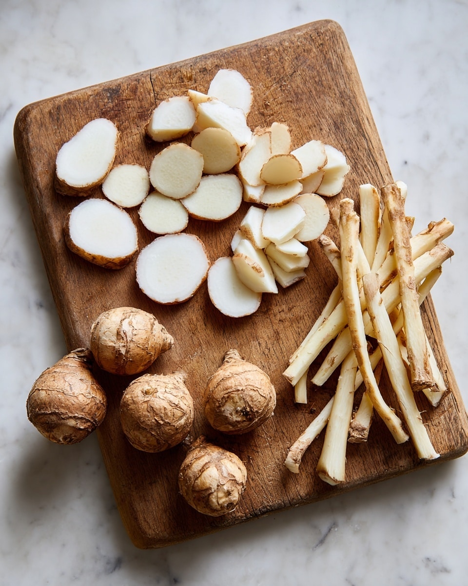 The image shows a wooden cutting board placed on a white marbled surface. On the board, there are slices and sticks of a white root vegetable with a thin brown skin, arranged in small piles. Around the board, there are several whole round and knobby roots of the same vegetable with a light brown color and rough texture. The slices are oval and flat, showing the smooth white flesh inside, while the sticks are long and thin, resembling fries. The whole roots vary in size and shape, creating a natural, earthy feel. photo taken with an iphone --ar 4:5 --v 7