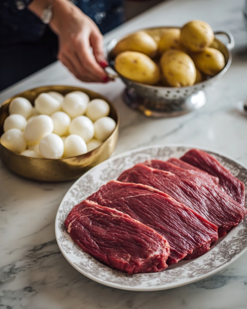 A white plate with a large, flat piece of raw red meat laid out on it, showing fine muscle texture and a few veins along its surface. Next to it is a small brass bowl filled with white round mozzarella balls. Both the plate and bowl sit on a white marbled surface. In the background, a silver colander holds yellow potatoes. A woman's hand is reaching toward the items, slightly blurred. Photo taken with an iphone --ar 4:5 --v 7