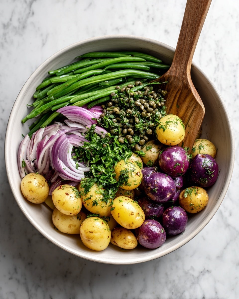 In a large white bowl on a white marbled surface, there are several layers of fresh ingredients. The bottom layer is small round yellow and purple potatoes, both whole and halved. On top of the potatoes are separate piles of dark green capers, finely chopped bright green herbs, thin pale pink onion slices, and fresh green beans placed neatly on one side. A light sprinkle of spices is visible across the potatoes and vegetables. A wooden spatula rests inside the bowl, partially covered by thin onion slices and potatoes. The overall look is fresh with a mix of earthy and bright colors photo taken with an iphone --ar 4:5 --v 7