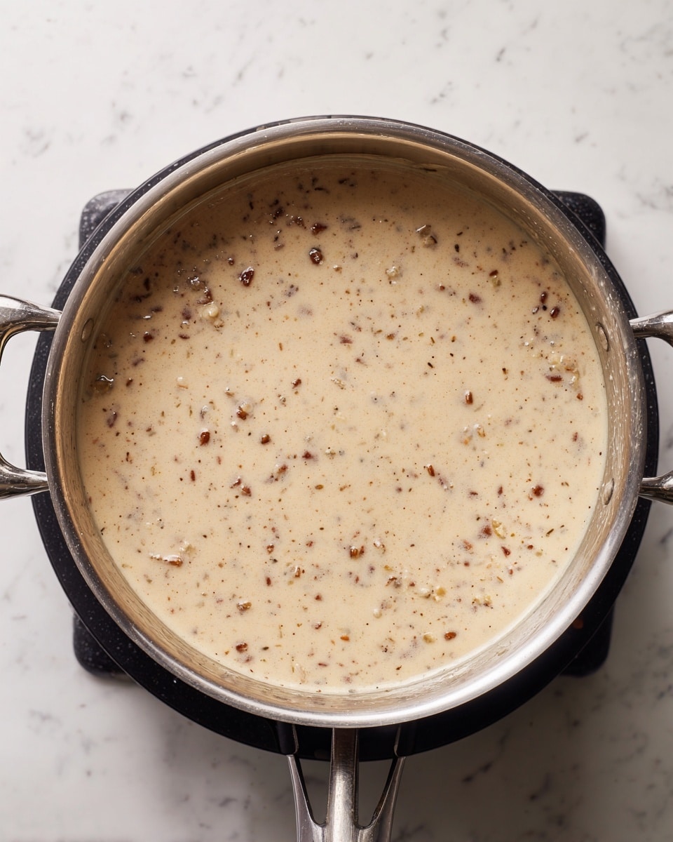 A silver metal pot filled with a light beige thick sauce mixed with small brown bits sits on a black stove burner. The sauce has a creamy texture with visible pieces evenly spread throughout. The stove is clean and the scene is simple with no extra items around. The photo is taken from above, showing the pot’s handles on each side. The background is a white marbled surface photo taken with an iphone --ar 4:5 --v 7