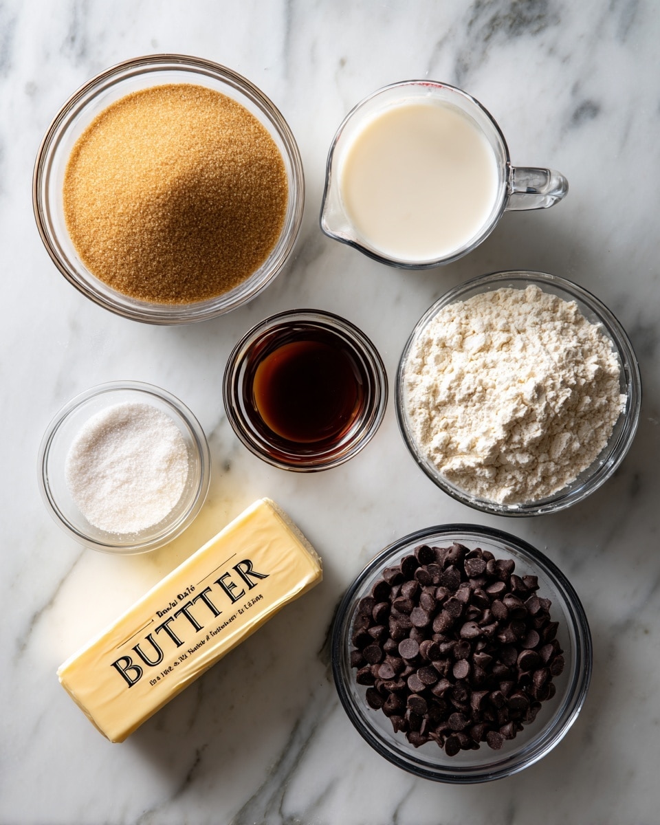 The image shows six glass containers and one stick of butter arranged on a white marbled surface. At the top left, there is a clear bowl filled with light brown brown sugar. To the right of it, there is a clear measuring cup with milk. Below and to the right, there is a small glass bowl holding a dark brown liquid, likely vanilla extract. At the bottom right, there is a larger glass bowl filled with dark brown chocolate chips. To the left of the chips is a white bowl containing white flour. At the far left, there is a small glass bowl with a white powder, probably baking soda or salt. In the center, a stick of butter lays horizontally with the paper wrapper labeled
