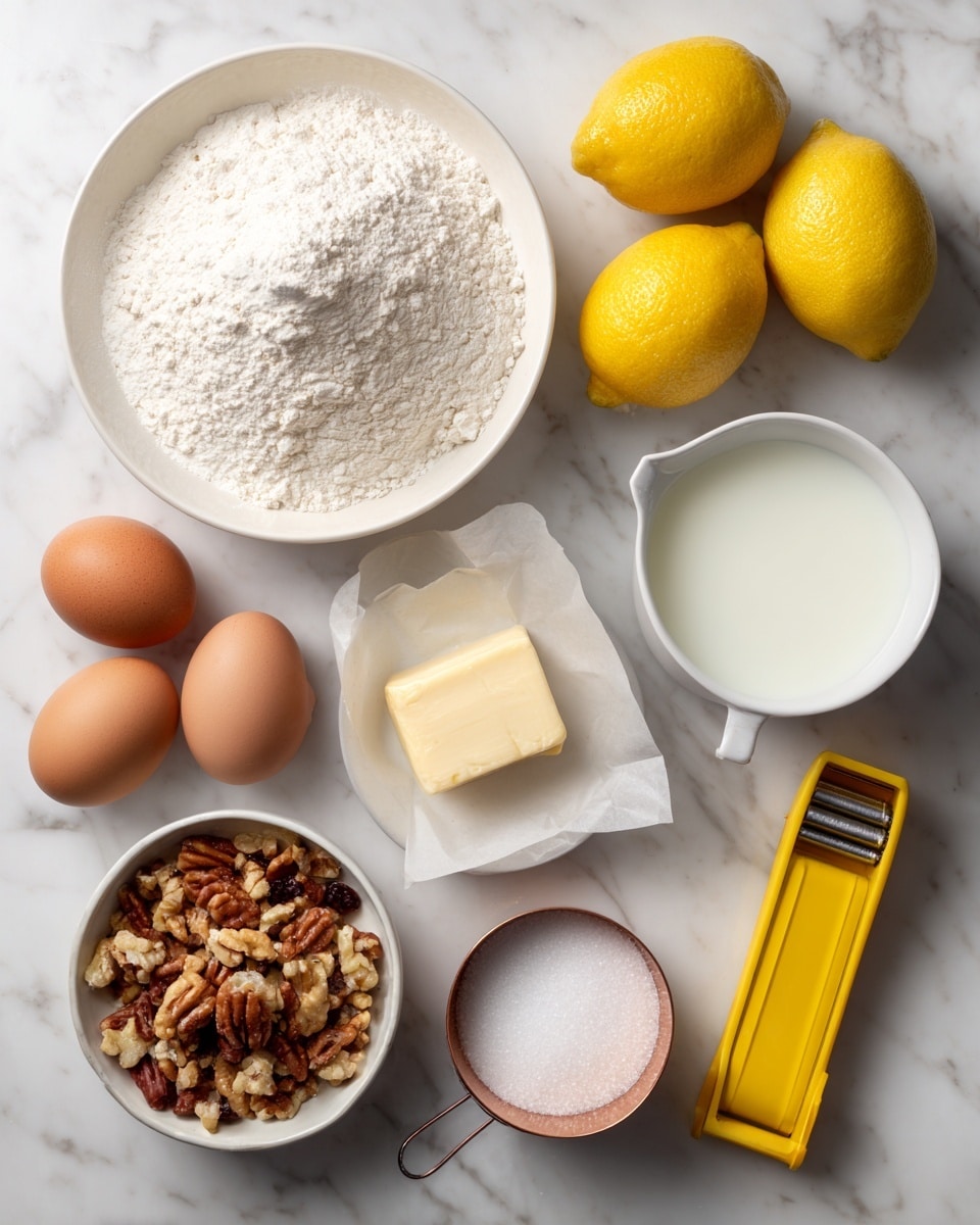 A top-down view of several baking ingredients laid out neatly on a white marbled surface, including a white bowl filled with flour, another white bowl filled with powdered sugar, a clear measuring cup of milk, two lemon fruits placed side by side, two whole eggs, a yellow stick of butter wrapped in paper, a small white bowl containing a mixed nut and dried fruit blend, and a small copper measuring cup filled with granulated sugar, alongside a yellow banana slicer placed on the right. Photo taken with an iphone --ar 4:5 --v 7