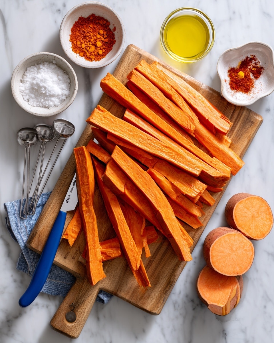 A wooden cutting board sits on a white marbled surface with a whole orange sweet potato and two slices of the same sweet potato stacked on the right side. In the front and center-left of the board, several long, thick sticks of sweet potato are arranged neatly in a layered pile with the skin still on some edges. A blue-handled knife lies diagonally beneath some of the sticks, with its blade facing upward. Nearby, small white bowls hold white powder and orange-red spice, accompanied by silver measuring spoons and a small glass container of yellow oil behind the cutting board. The scene shows an organized cooking preparation process. photo taken with an iphone --ar 4:5 --v 7