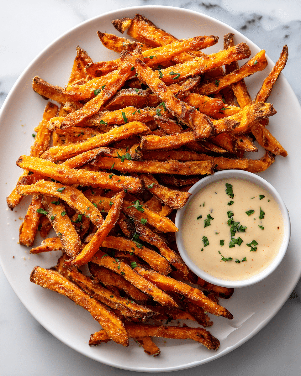 A white oval plate filled with golden brown sweet potato fries that have a slightly crispy texture and some visible black seasoning specks. On the right side of the plate, there is a white bowl filled with creamy beige sauce topped with small green herb pieces. The plate is placed on a white marbled surface. photo taken with an iphone --ar 4:5 --v 7