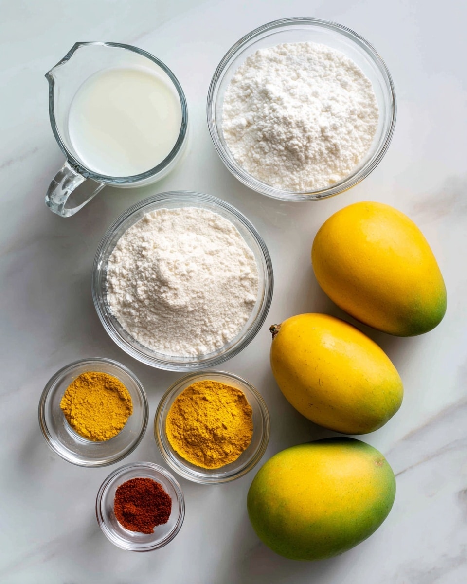 This image shows a white marbled surface with several ingredients arranged neatly. There are two whole mangoes with yellow-green skin placed on the right side. Three clear glass bowls hold white granulated sugar, white flour, and a white powdery ingredient. A clear glass pitcher contains water, and a clear glass jug has white coconut milk. Small round bowls hold yellow spice powder and salt. The colors range from white powders to the yellow-green of mangoes, all placed symmetrically and clearly separated. Photo taken with an iphone --ar 4:5 --v 7