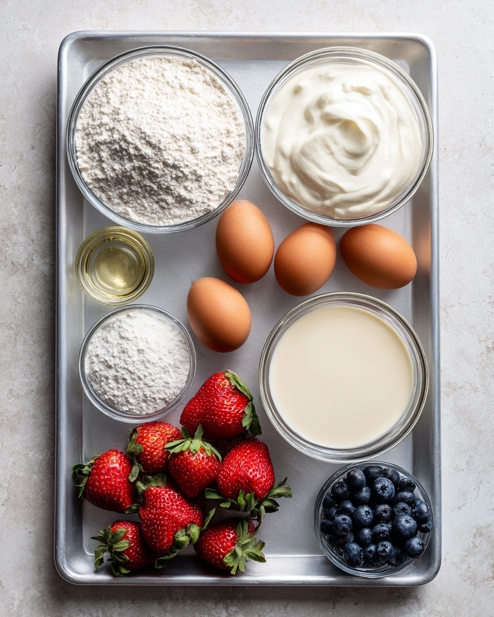 A rectangular metal tray on a white marbled surface holds several baking ingredients arranged neatly. On the left side, there is a small glass bowl with white flour, next to a small bowl containing a thick white powder, possibly baking powder. Above them, there is a larger glass bowl filled with thick white cream and beside it three brown eggs are placed in a row. On the right side, a medium glass bowl is filled with light beige liquid, likely milk or cream. Below the eggs, there are fresh red strawberries with green leaves and a small bunch of blueberries close to them. There is also a small bowl with clear liquid, likely oil, near the bottom. photo taken with an iphone --ar 4:5 --v 7