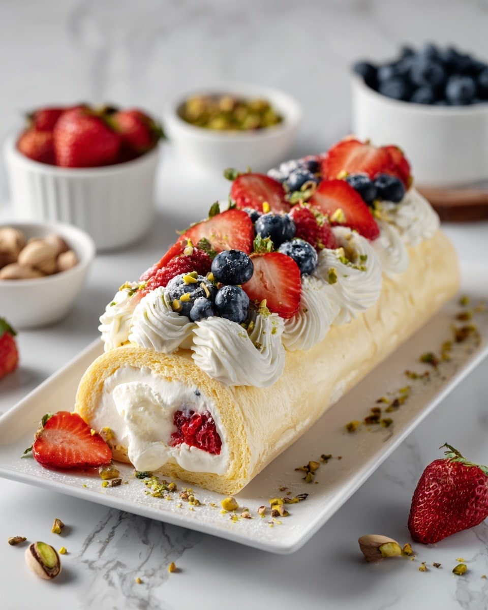 A long white plate on a white marbled surface holds a dessert with two round layers of light beige meringue. On top, there is a thick white cream layer spread smoothly, covered with several slices of red strawberries, bright yellow lemon pieces, small blue blueberries, and some green crushed pistachios sprinkled over. Around the plate, small white bowls hold more blueberries and green pistachios, and on one side there are extra fresh strawberries. A woman's hand is gently holding the edge of the plate. Photo taken with an iphone --ar 4:5 --v 7