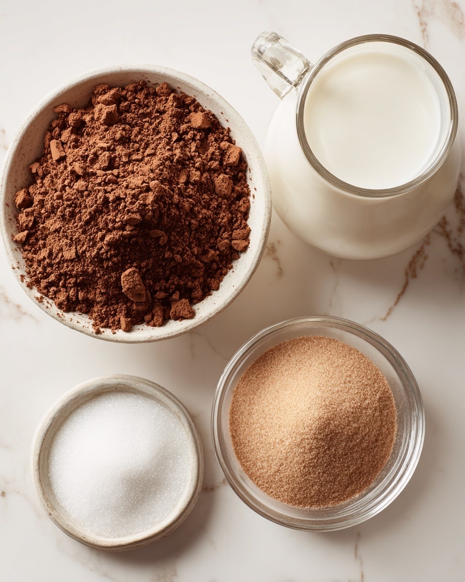 A clear white bowl filled with finely crumbled brown cocoa powder sits on a white marbled surface. Next to it, a clear glass mug is filled halfway with a white liquid, and beside that, a small clear dish holds a light brown powder. Finally, a clear glass filled with white granulated sugar is nearby. The arrangement is simple and neat, with each item clearly visible and separate. Photo taken with an iphone --ar 4:5 --v 7