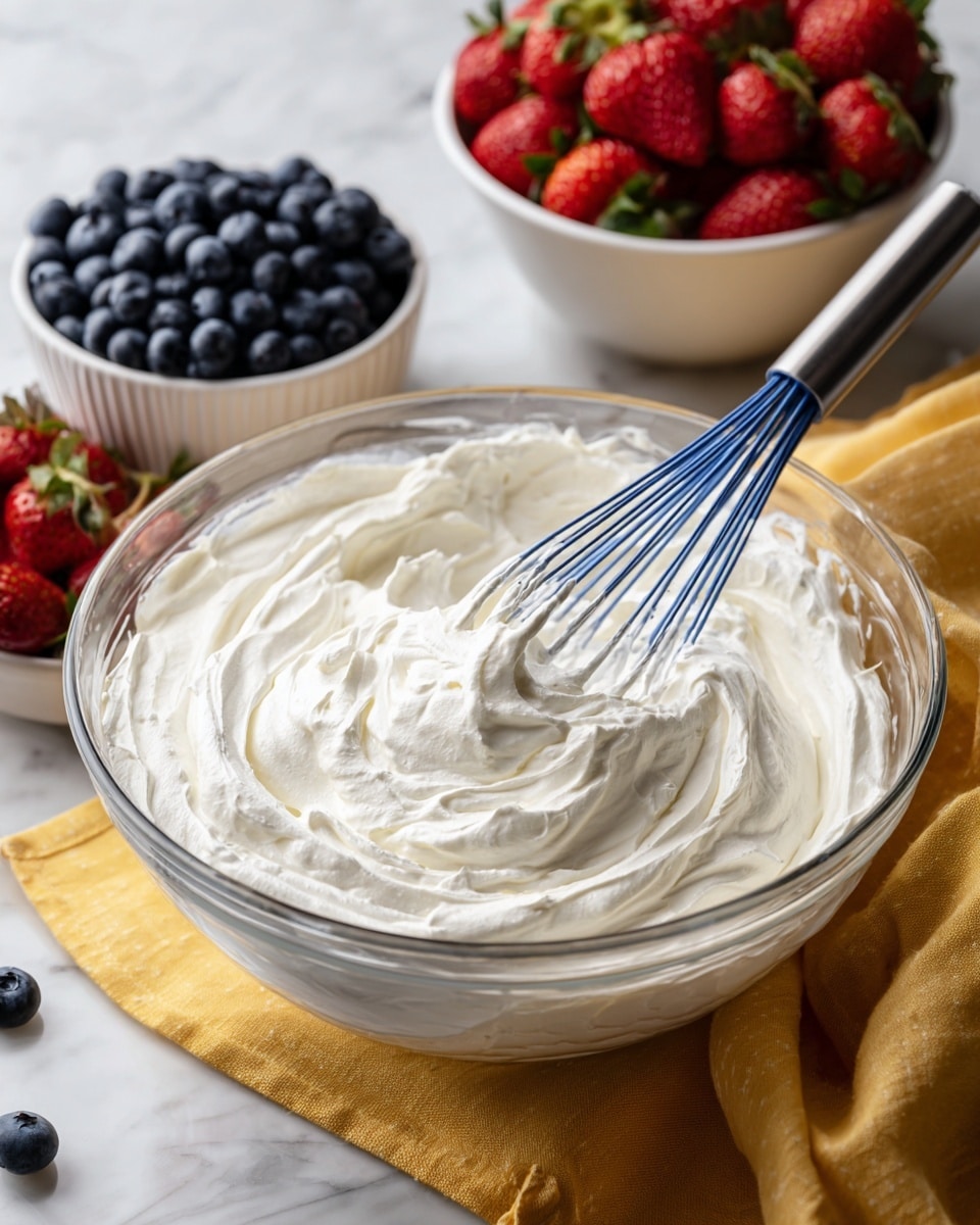 The image shows a large clear bowl filled with thick, white whipped cream with a slightly soft texture. A blue whisk rests inside the bowl, partially covered in the whipped cream. In the background, there are two white bowls, one filled with bright red strawberries and the other filled with dark blue blueberries. The scene is set on a white marbled surface with a yellow cloth folded underneath the bowls. Photo taken with an iphone --ar 4:5 --v 7