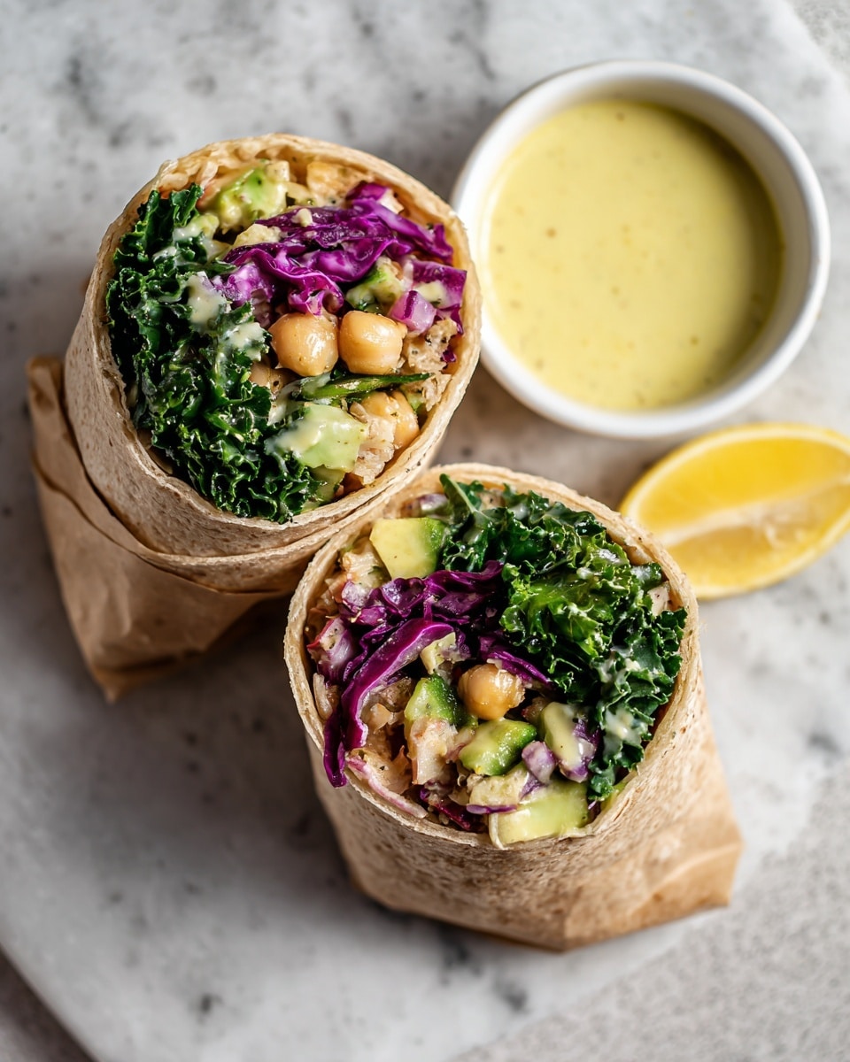 Two wrap halves filled with layers of green kale and chopped purple cabbage, chunks of light green avocado, whole chickpeas, and creamy white sauce mixed with the ingredients, all tightly wrapped in a light beige tortilla. The wraps rest on crumpled pale yellow paper on a white marbled surface. Next to the wraps are two lemon wedges in bright yellow and a small round bowl with a smooth light beige dipping sauce. Photo taken with an iphone --ar 4:5 --v 7