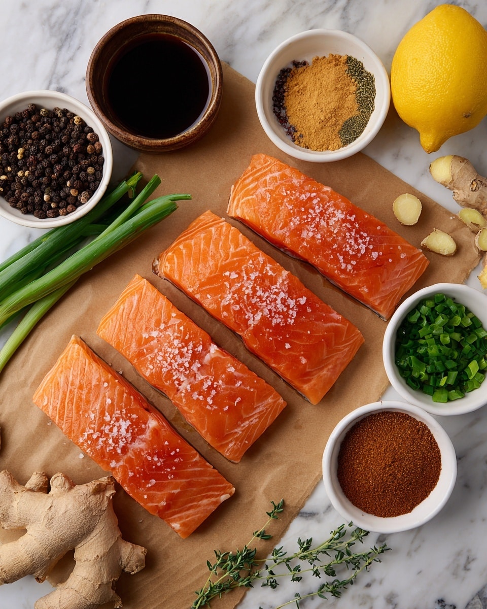 The image shows three pieces of bright orange salmon fillets placed in a row on brown paper, each sprinkled lightly with salt. Around the salmon, there are small bowls with various ingredients: a bowl with dark peppercorns, a bowl of coarse salt, a bowl with mixed spices in brown and orange color, a bowl filled with dark liquid sauce, and two small white bowls with chopped green herbs. Fresh green onions and sprigs of fresh herbs are placed on the left side, along with two pieces of fresh ginger and a whole yellow lemon on a white marbled surface. The overall setting is neat and organized, highlighting the fresh ingredients ready for cooking. photo taken with an iphone --ar 4:5 --v 7