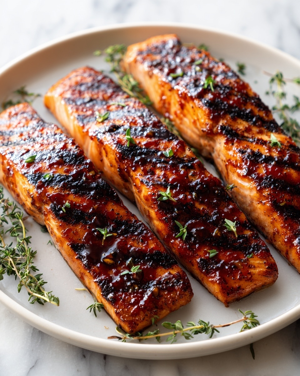 Four grilled salmon fillets are placed side by side on a round white plate with a smooth surface. Each fillet has a shiny, dark reddish-brown glaze that looks sticky and caramelized, with charred grill marks adding texture. Small green thyme leaves are sprinkled evenly across the top of the fillets, while a few sprigs of fresh thyme are arranged around the edges of the plate. The plate rests on a white marbled surface that adds a soft, natural background. The warm light highlights the glossy sauce and gives the salmon a rich, appetizing look. photo taken with an iphone --ar 4:5 --v 7