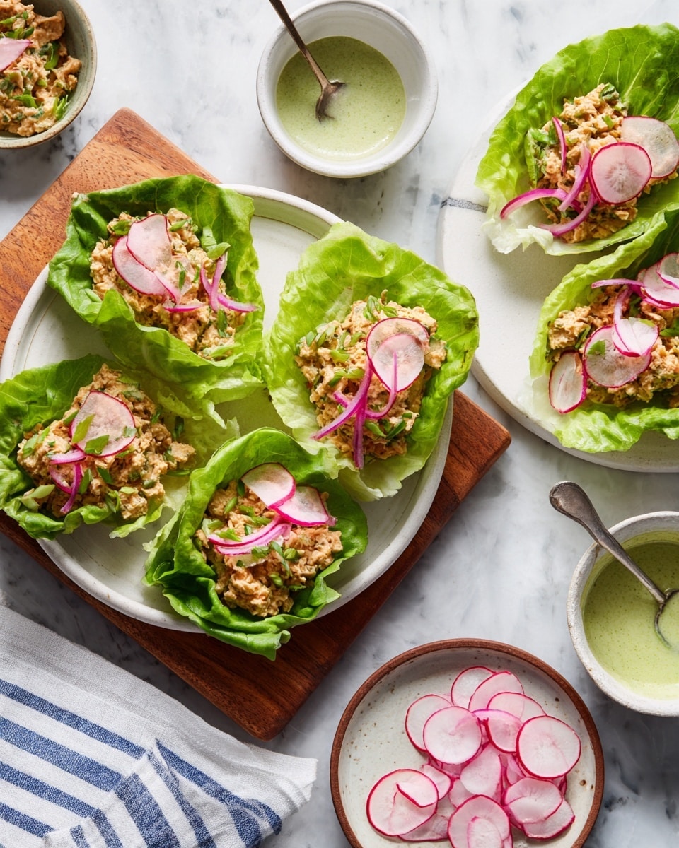 The image shows several lettuce wraps arranged on white plates and a wooden board, all placed on a white marbled surface. Each wrap has three layers: a large, bright green outer lettuce leaf forming the base, a middle layer of a chunky beige filling mixed with small green bits, and a top layer of thin pink pickled onions and sliced radishes for contrast. Next to the plates are small white bowls, one holding extra filling with a spoon inside it, another with creamy green sauce, and a small plate with thin radish slices. A white cloth with blue stripes adds a soft touch in the background. photo taken with an iphone --ar 4:5 --v 7