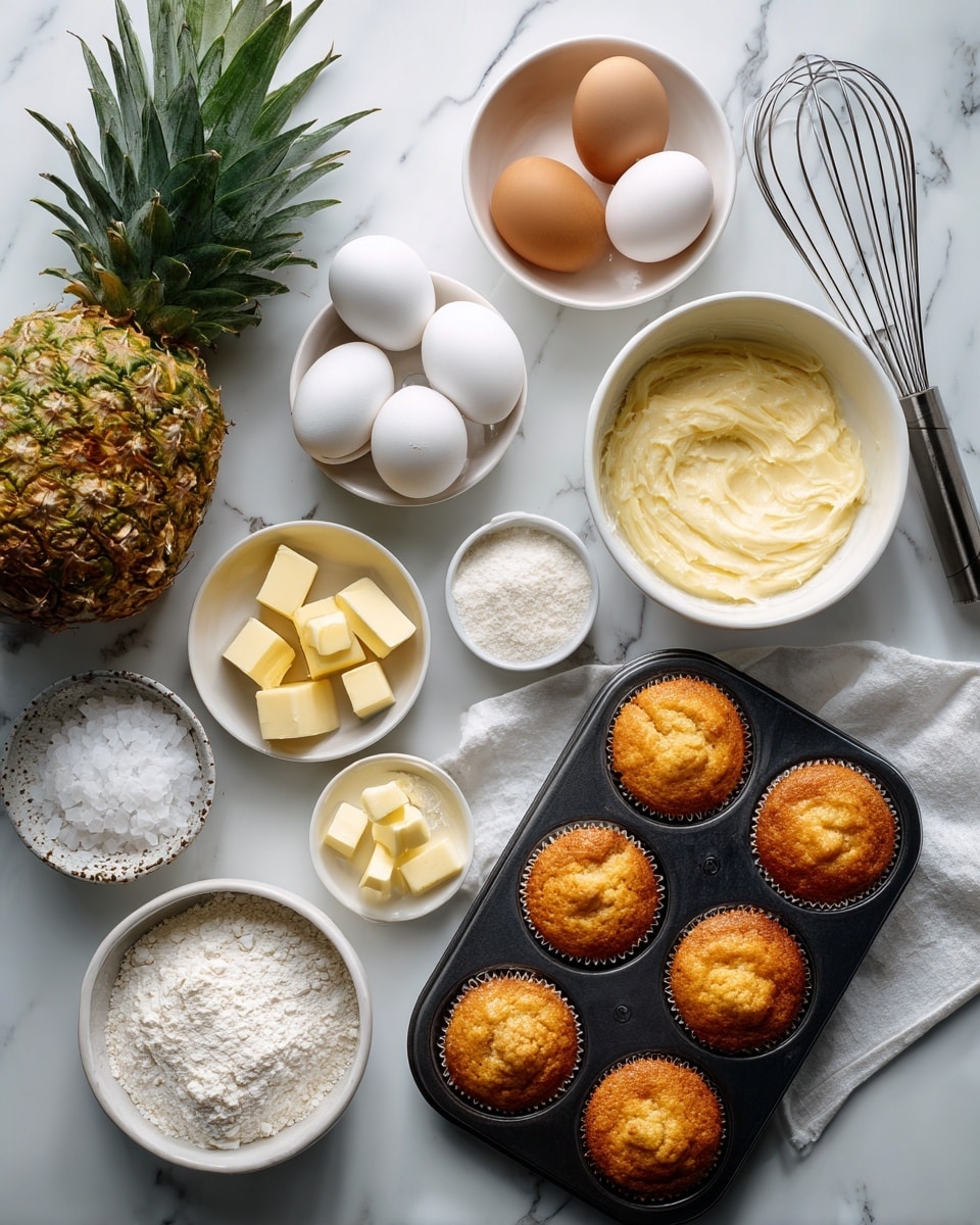 The image shows ingredients and baked items arranged on a white marbled surface. There is one large pineapple with green leaves and yellow-green skin on the bottom left. Nearby are several bowls: one with four white eggs and one cracked egg shell, one filled with white flour, one with three brown eggs on a white cloth, one with white sugar, one with melted yellow butter, one with white powder (likely baking powder), one with cubed pale yellow butter, and one small bowl with white salt. A speckled bowl contains a creamy, light yellow mixture. On the right side, there is a black six-cup muffin tray holding six golden brown muffins in liners. A metal whisk is placed to the right of the bowls. The photo taken with an iphone --ar 4:5 --v 7