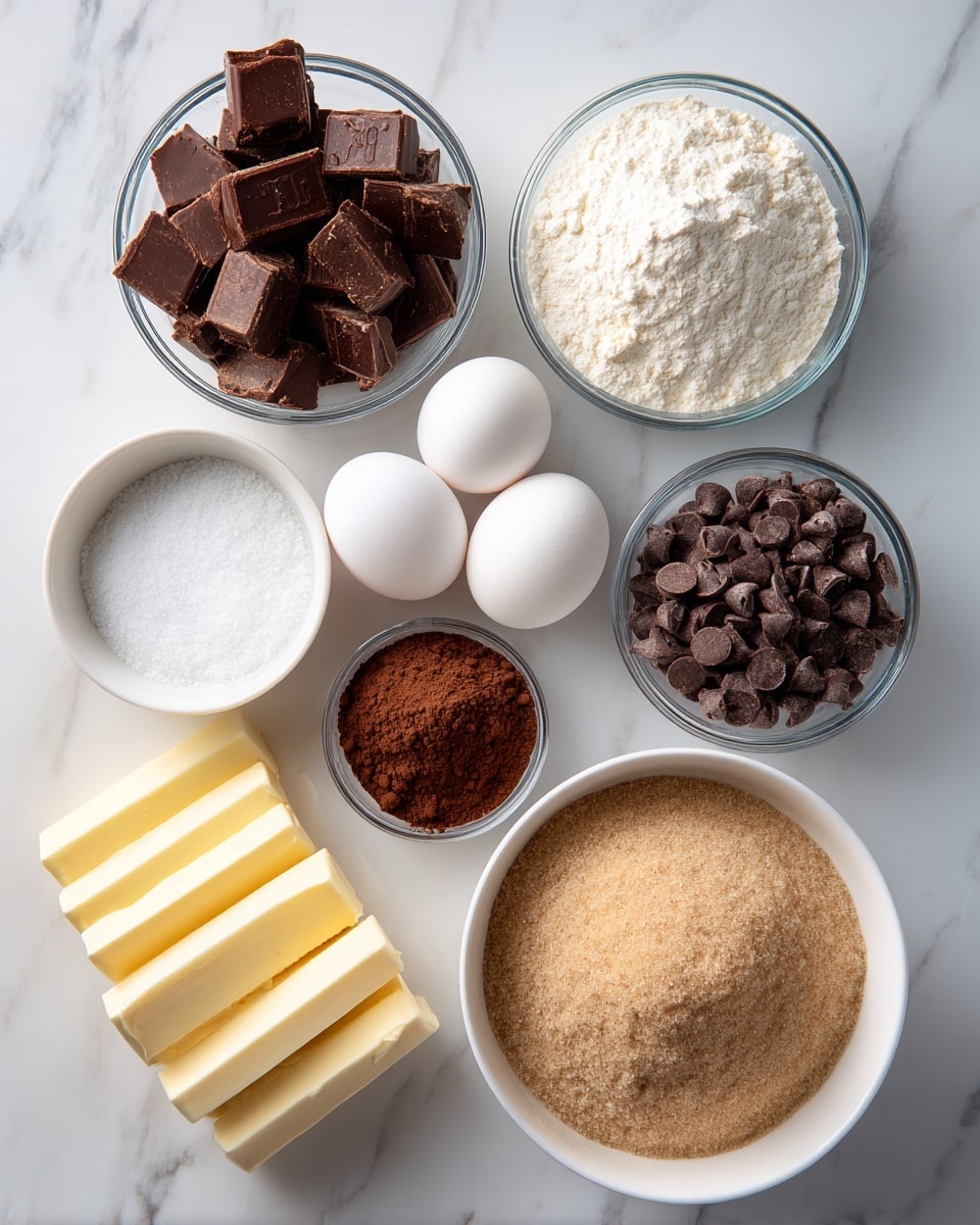 The image shows a white marbled surface with six clear glass bowls and a white bowl arranged neatly. The top left bowl contains several pieces of dark brown chocolate chunks. To its right are two smaller bowls, one with white salt and another with light white flour powder. Below the chocolate bowl, there is a group of two white eggs placed side by side. On the right side of the eggs, a small bowl is filled with fine dark brown cocoa powder. To the right of the cocoa, a white bowl holds dark brown chocolate chips. In front of the eggs, a large white bowl is filled with light brown brown sugar, and to the left of this bowl, several sticks of pale yellow butter are placed parallel to the bottom edge of the image. The overall layout is clear and organized on a clean white marbled surface. Photo taken with an iphone --ar 4:5 --v 7