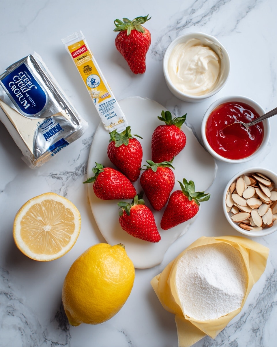 The image shows ingredients for a dessert neatly arranged on a white marbled surface, including a block of cream cheese in silver and blue packaging at the top left, several fresh red strawberries with green leaves placed around the center, a halved lemon with bright yellow flesh near the bottom left, a small white bowl with sliced almonds on the right side, and a small bottle of almond extract near the strawberries. There is also a white bowl with a spoon containing red jam or sauce near the top right, a white jar with a white spoon filled with sugar at the bottom right, and a partially opened yellow pastry dough box positioned diagonally at the bottom left. The colors are bright, and the textures of the fresh fruit and smooth packaging contrast with each other. photo taken with an iphone --ar 4:5 --v 7