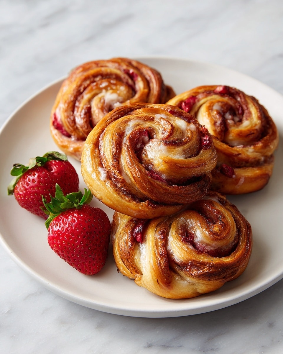 There are four round pastries on a white plate, each one looks flaky with many golden brown layers. The pastries have visible pieces of red strawberries swirled through them, adding a pop of bright red color inside the warm brown curls of dough. The pastries have a shiny, slightly crisp texture on top from baking. Beside the pastries on the plate, there are two whole strawberries with green leaves. The plate sits on a white marbled surface. Photo taken with an iphone --ar 4:5 --v 7