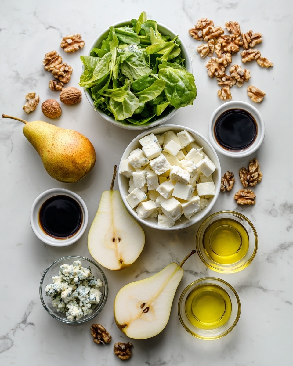 The image shows a top view of different ingredients arranged neatly on a white marbled surface. There are two bowls of fresh green salad leaves, one topped with small white cheese cubes. Near them are two whole pears and one pear sliced in half, showing its light yellow inside. Small white bowls contain crumbled blue cheese and walnuts, with some walnuts placed loose on the surface. Two small glass bowls hold dark balsamic vinegar and light golden olive oil. The colors are natural and fresh, with green, white, brown, and yellow tones clearly visible and separated. Photo taken with an iphone --ar 4:5 --v 7