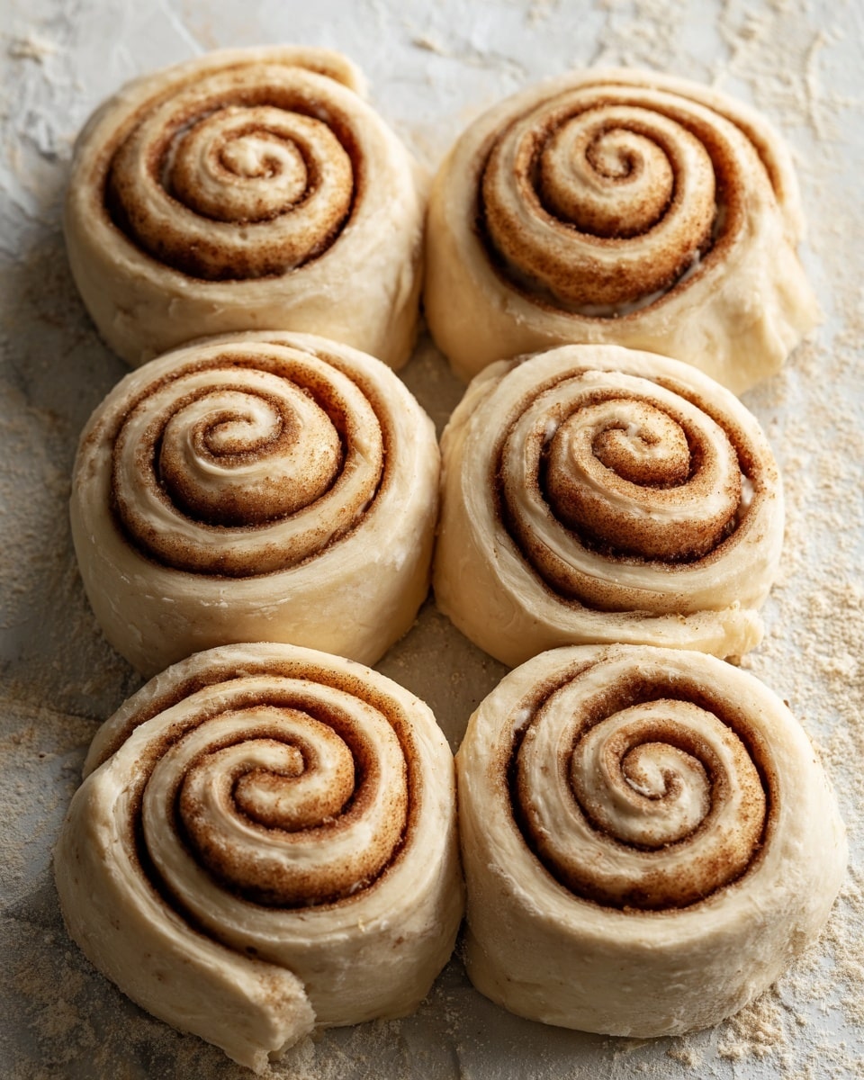 The image shows six uncooked cinnamon rolls arranged closely together on a textured baking tray. Each roll has multiple visible spiral layers, with light beige dough and thin darker cinnamon lines creating a swirl pattern. The rolls look soft and slightly puffy, with rough edges and a natural, homemade appearance. The tray's textured surface contrasts with the smooth dough, and the background has a white marbled texture. photo taken with an iphone --ar 4:5 --v 7