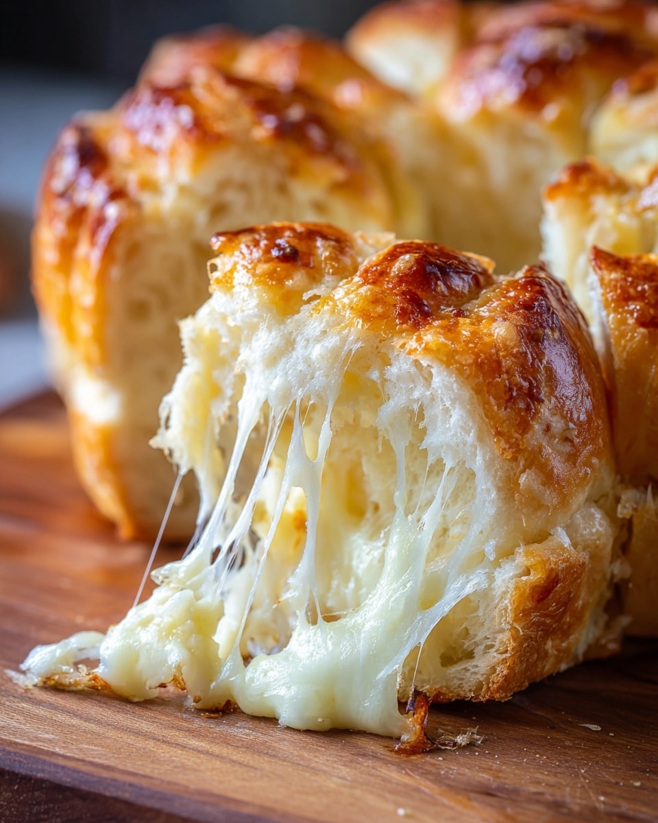 A close-up image showing a piece of bread being pulled apart, revealing its soft, fluffy inside with a slight shine and melted cheese stretching between the layers. The bread looks golden brown and shiny on the outside, with a slightly crispy texture. Behind the piece, more of the same loaf is visible with multiple layers of bread and melted cheese inside. The bread rests on a wooden surface, contrasting with its warm colors and soft texture. The light highlights the bread's shiny and soft details. photo taken with an iphone --ar 4:5 --v 7