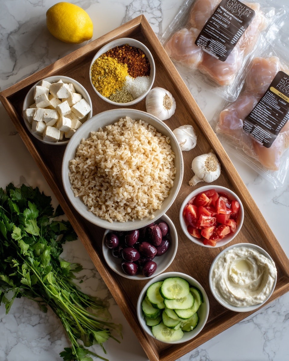 The image shows a wooden tray holding several white bowls and food items arranged neatly. In the center, there is a larger bowl filled with cooked rice that looks light brown. Surrounding it are smaller white bowls containing small cubes of white cheese, dark purple olives, chopped green cucumber, and white creamy sauce. There is also a bowl with chopped red tomatoes. Beside the tray on the white marbled surface lie a bunch of fresh green herbs, two garlic bulbs, a whole lemon, and two clear-packaged raw chicken pieces with labels on them. A white bowl with a mix of yellow, orange, and red spices is placed on the top right corner of the tray. The scene is bright and clean, showing everything clearly and organized. Photo taken with an iphone --ar 4:5 --v 7