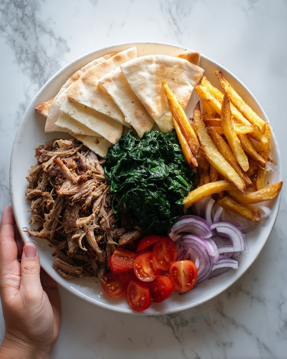 A white round plate on a white marbled surface holds an arranged Mediterranean meal with five clear sections. On the top left, several triangular pieces of pita bread form a fan, soft and light brown in color. Below the pita bread, there is a pile of shredded cooked meat in beige and light brown shades. In the center, fresh, dark green leaves of spinach are stacked neatly. To the right of the spinach, thick fries with a crispy texture and a golden brown color are lined together. At the bottom right of the plate, bright red halved cherry tomatoes and thin crescent slices of red onion add fresh color. A woman's hand holds the plate from the left side. photo taken with an iphone --ar 4:5 --v 7