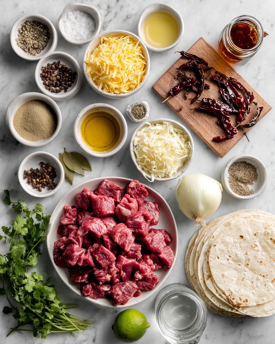 The image shows many ingredients neatly placed on a white marbled surface. At the center bottom, there is a white bowl filled with raw red meat chunks. To the right, there is a stack of white tortillas and a whole white onion. Above the meat bowl, there are small white bowls with shredded yellow cheese, chopped garlic, dried herbs, and dark red sauce in a glass jar. To the left of the meat, there is a wooden board with dried red and black peppers. Surrounding these main items are small white bowls containing various spices like mustard seeds, black peppercorns, cinnamon stick, bay leaves, coriander powder, and salt, as well as oil, water in small glass jugs, and fresh cilantro on the far left. A lime sits near the bottom center. The scene is organized and brightly lit, with all items clearly visible and placed in an orderly way. Photo taken with an iphone --ar 4:5 --v 7