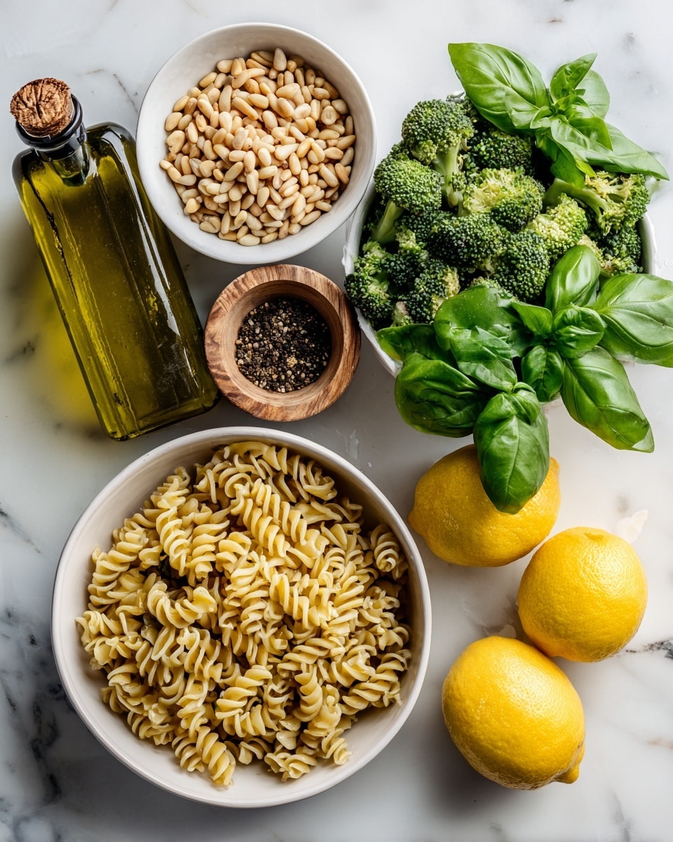 A top view of several ingredients laid out on a white marbled surface: a green bottle of extra virgin olive oil on the left, a small white bowl filled with toasted pine nuts above a round wooden container with black pepper, a white bowl in the center filled with cooked spiraled pasta, a bunch of fresh green basil leaves behind the pasta, a white bowl on the right filled with frozen green broccoli florets, and two whole yellow lemons placed side by side to the far right photo taken with an iphone --ar 4:5 --v 7