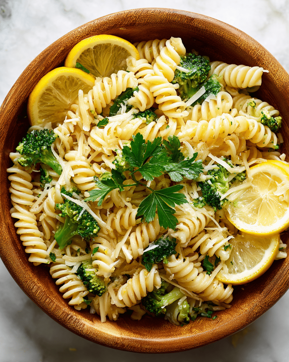 A close-up of a wooden bowl filled with three layers of twisted rotini pasta mixed with small bright green broccoli florets. On top, there are thin pale yellow slices of cheese scattered unevenly with a sprig of fresh green parsley in the center. Around the bowl, several lemon wedges with bright yellow skin and juicy pale yellow insides rest against the pasta. The background is a white marbled texture. photo taken with an iphone --ar 4:5 --v 7