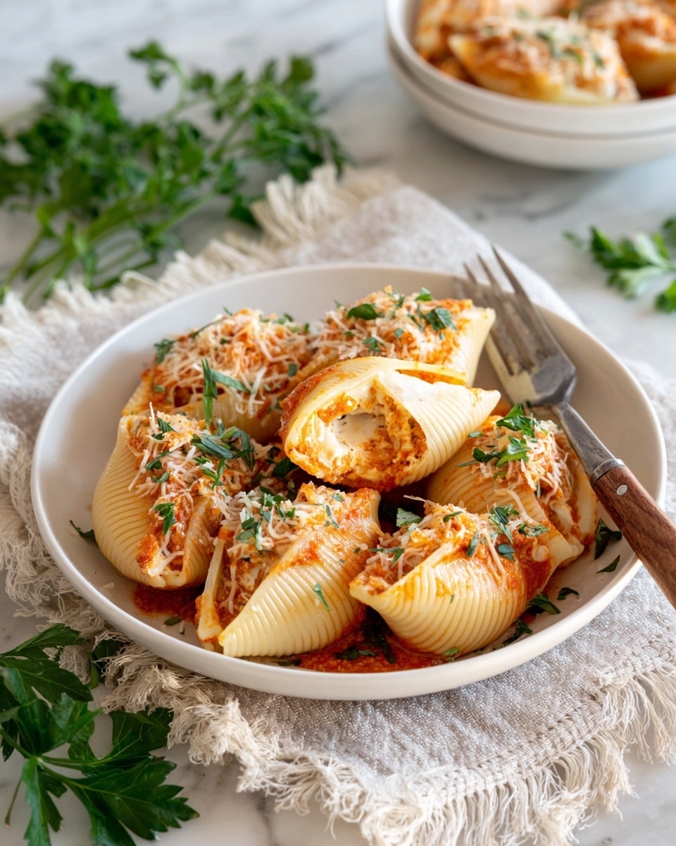The image shows a white shallow bowl filled with six large shell pasta stuffed with a light creamy cheese filling, topped with orange-red tomato sauce and melted light pink cheese, sprinkled with finely chopped green herbs. The shells are arranged compactly, with one shell broken open, revealing the smooth textured filling inside. A fork with a wooden handle is placed to the right side of the bowl, resting partly under a light beige fringed cloth. The background is a white marbled surface with a small sprig of fresh green parsley to the bottom left and another white bowl of the same stuffed shells blurred in the background. Photo taken with an iphone --ar 4:5 --v 7